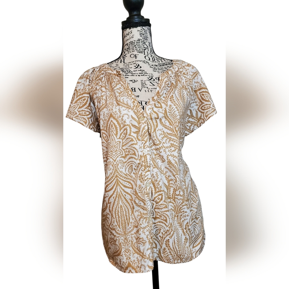 LOFT paisley print flutter sleeve blouse,Cream and Brown Button-down Size:M